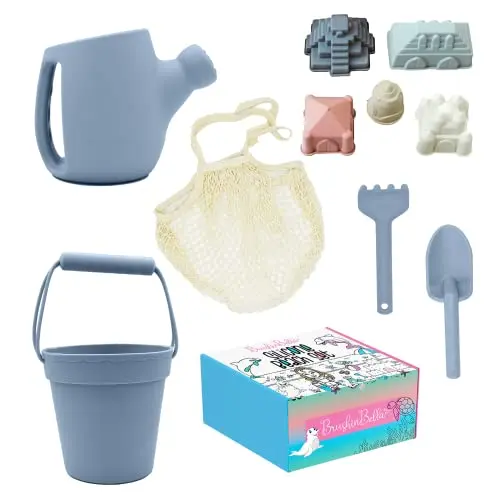 Silicone beach bucket and sand toy set in ocean blue color