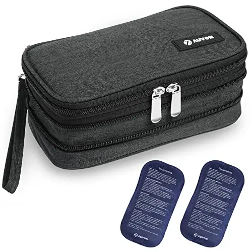 AUVON expandable insulated diabetic bag with two large ice packs unzipped