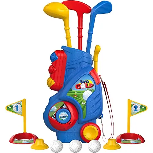 Kids golf set with pull-along cart, clubs, balls, and holes