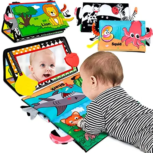 Aboosam baby tummy time toy with a soft book, high-contrast patterns, and a safety mirror