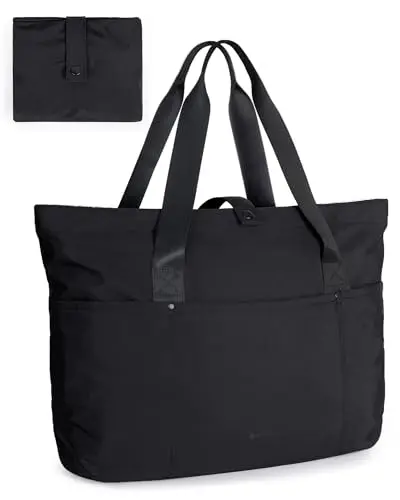 BAGSMART large foldable tote bag in beige, showing zippered closure and multiple pockets