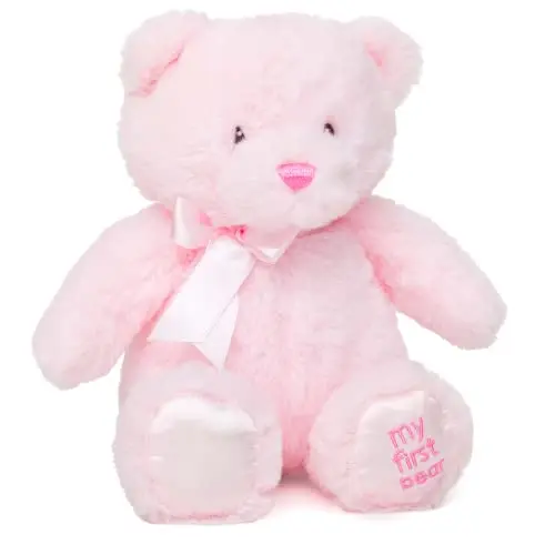 Jolitee pink teddy bear for baby girls with satin bow and embroidered features.
