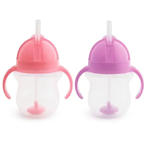 Munchkin Any Angle weighted straw cup in pink and purple