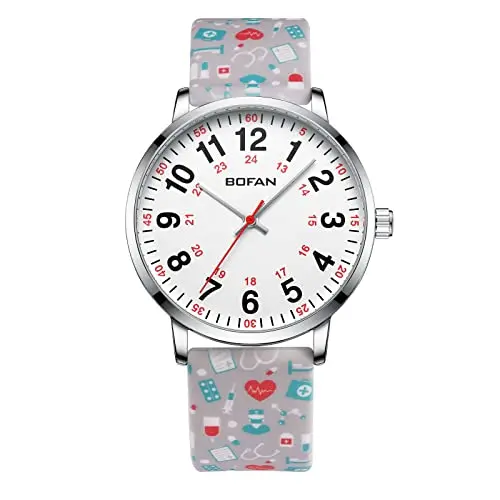 BOFAN nurse watch with medical pattern print on a soft gray silicone band