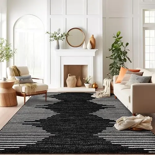 Rugshop black bohemian stripe 8x10 stain resistant area rug
