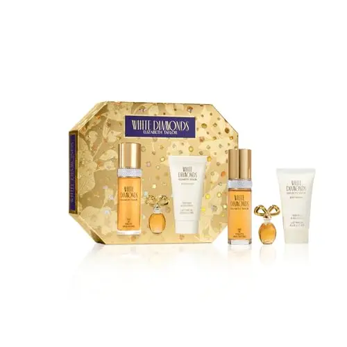 Elizabeth Taylor White Diamonds perfume gift set including spray, lotion, and a mini splash.
