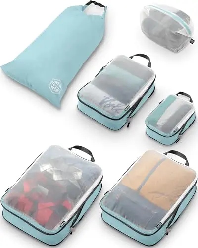 TRIPPED See-Through Mesh Compression Packing Cubes in Dusty Teal