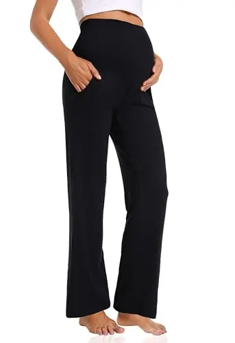 Foucome black wide-leg maternity lounge pants with a full panel and side pockets