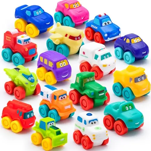 JOYIN set of soft rubber cartoon vehicle toys including cars, trucks, and planes
