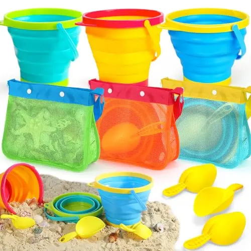 TOY Life collapsible beach bucket set with shell-shaped collecting bags