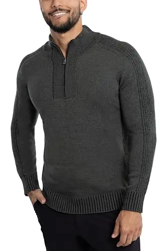 X RAY men's quarter zip pullover in olive marble, slim fit with mock neck and textured stripes