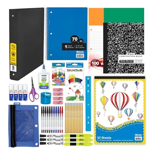 BAZIC Products 86-count school supply kit in an organized box with notebooks and pencils