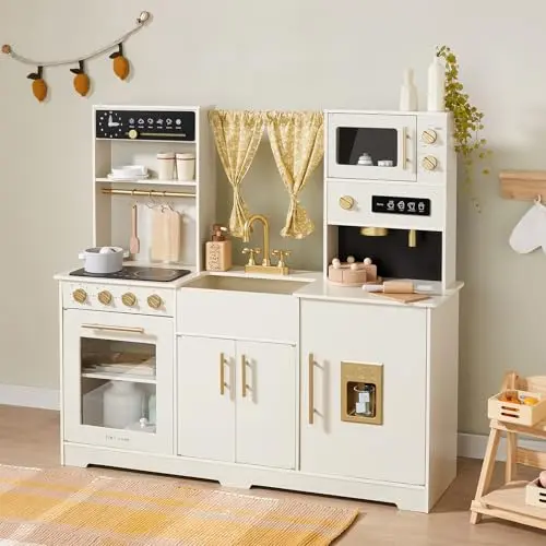 Tiny Land modern wooden play kitchen in trendy style with gold finishes