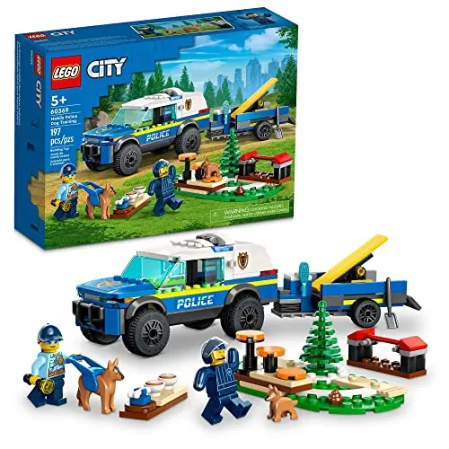 LEGO City police dog training set with SUV car, trailer, and puppy figures