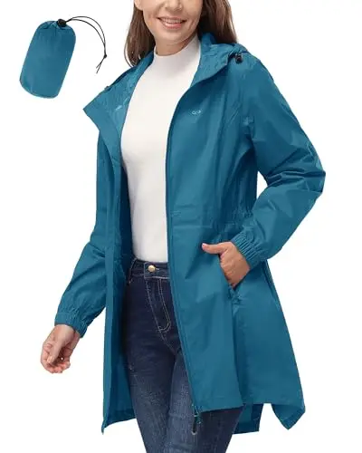 33,000ft women's long trench-style raincoat in beige, offering extended coverage.