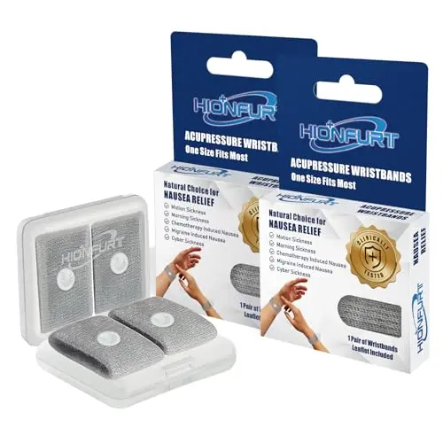 Hionfurt motion sickness bands, two pairs of grey elastic wristbands with white plastic studs, shown with a travel case.