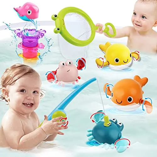 Dwi Dowellin ocean-themed bath toy set with magnetic fishing rod, wind-up toys, and stacking cups