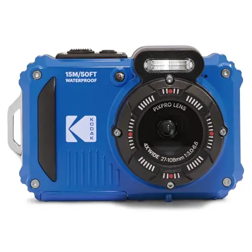 Blue KODAK PIXPRO WPZ2 waterproof camera next to a swimming pool