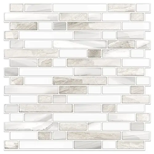 Beige and white peel and stick backsplash tiles with thick design