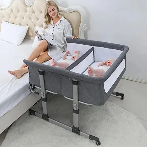 Ihoming Twin Bassinets for Baby, double bedside sleeper in Grey