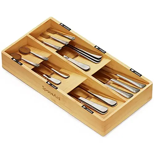 SpaceAid compact bamboo silverware drawer organizer with 6 slots