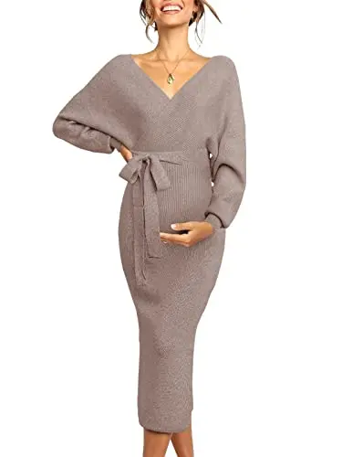 Chang Yun coffee colored maternity sweater dress for baby shower and photos