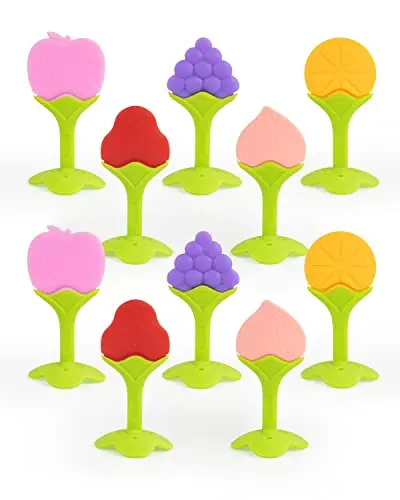 Ten pack of clear, fruit-shaped silicone teething toys for babies.