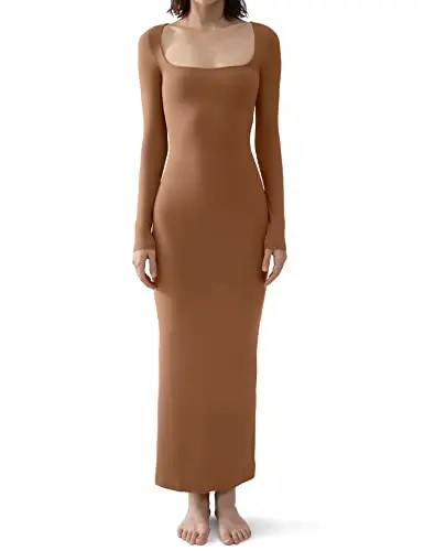 PUMIEY Long Sleeve Maxi Dress in brown, showcasing a bodycon fit with square neckline and ribbed texture.