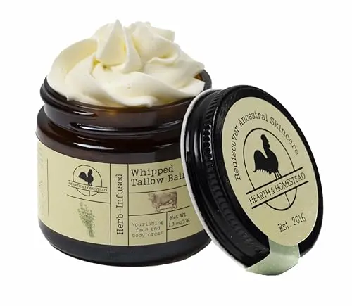 Hearth and Homestead whipped tallow balm in a glass jar