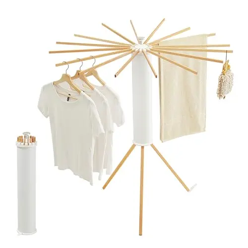 JOOM Tripod Clothes Drying Rack in wooden finish, folded and unfolded