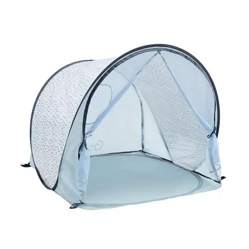 Babymoov blue waves beach tent for infants set up on sand with mesh netting visible