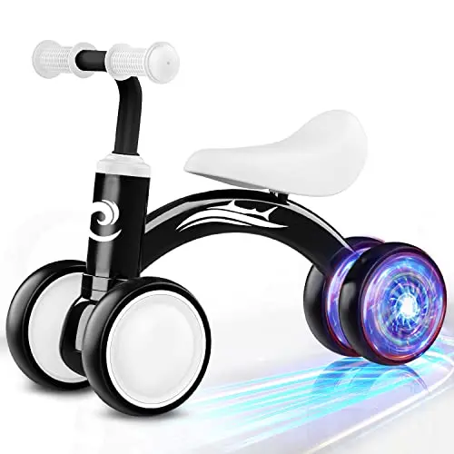 Colorful baby balance bike with light-up wheels for toddlers