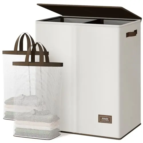 SOLEDI off-white double-section laundry hamper with a lid and removable bags.