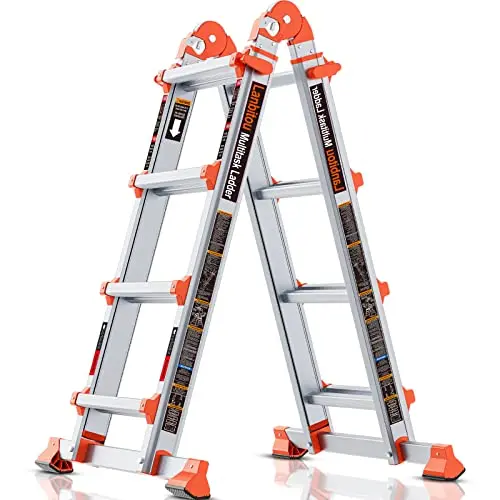 LANBITOU A-frame 4 step ladder in silver, extended into a straight position showing its multi-configuration design.