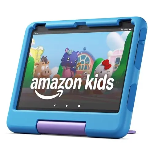 Amazon Fire HD 10 Kids tablet in Blue with a chunky kid-proof case