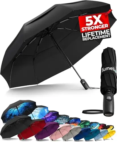 TUMELLA automatic folding umbrella showing vented canopy and compact form.