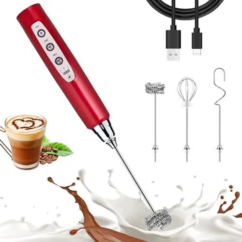 Nahida Standard Milk Frother Wand in red with three detachable heads