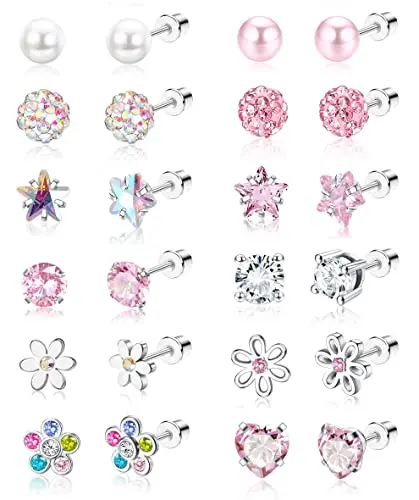 SAILIMUE 12 pairs of cute screw back hypoallergenic stud earrings for girls in various designs