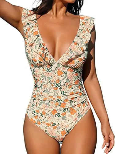 CUPSHE women's one-piece swimsuit with deep V-neck, ruffles, and floral print