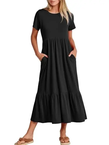 ANRABESS short sleeve tiered maxi dress with pockets for travel