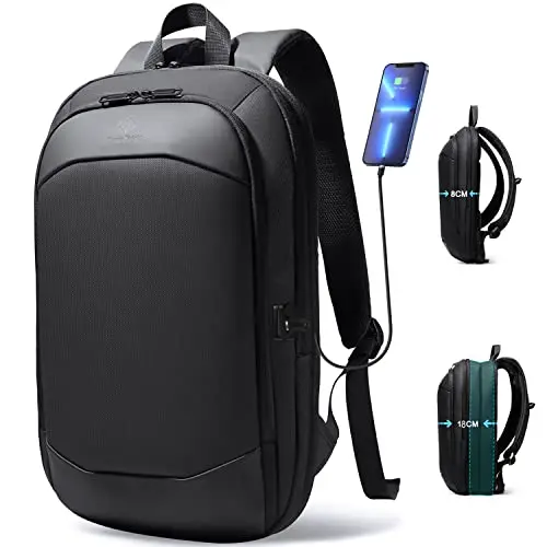 Slim expandable black business backpack for men and women, showing compressed and expanded states