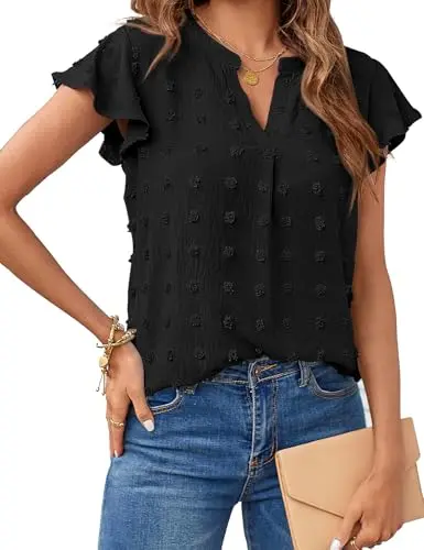 Merokeety Women's V Neck Ruffle Short Sleeve Blouse in black with Swiss dot fabric