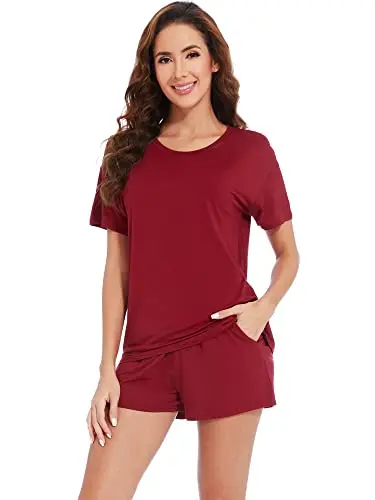 WiWi Super Soft Short Sleeve Pajama Set in wine red, showing top and shorts together