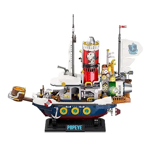 Pantasy Popeye Steamship building block set showing a detailed pirate ship with anchor and chimney features