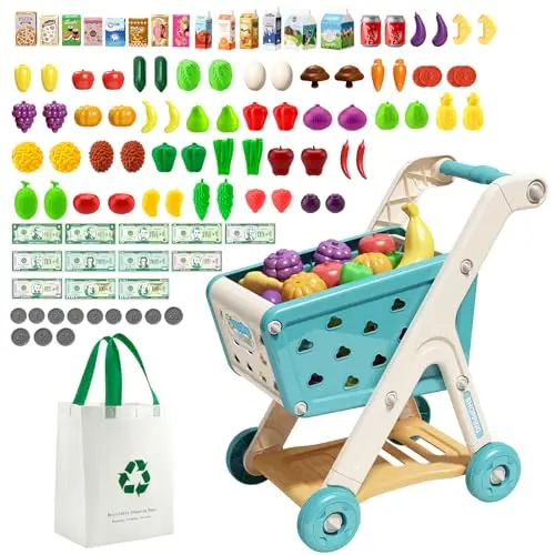 Jovow kids shopping cart filled with a large assortment of colorful pretend fruit, vegetables, and fast food toys.