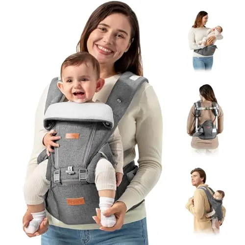 BESREY grey baby carrier with hip seat and double back support