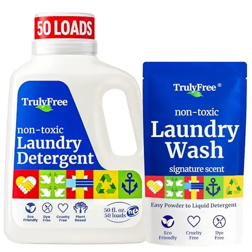 Truly Free natural laundry detergent with refillable jug