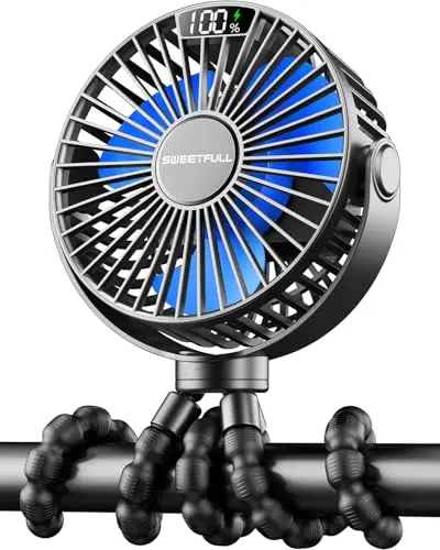 SWEETFULL portable clip-on fan with a digital display showing battery level and speed.