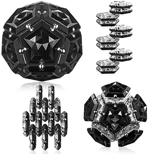 A geometric, crystal-surfaced magnetic ball made of pentagonal plates that click together into various 3D shapes.
