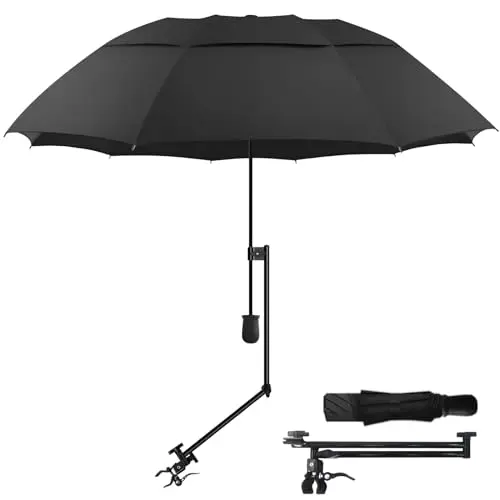 HOBVO black golf umbrella with clamp attached to a stroller